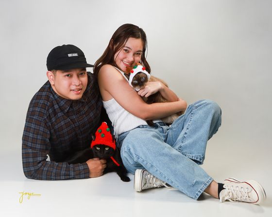 A father and son in denim, photographed from above